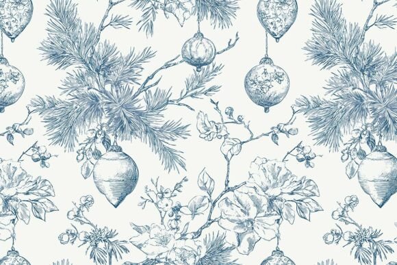 Elegant Blue Toile Christmas Seamless Pattern 22
