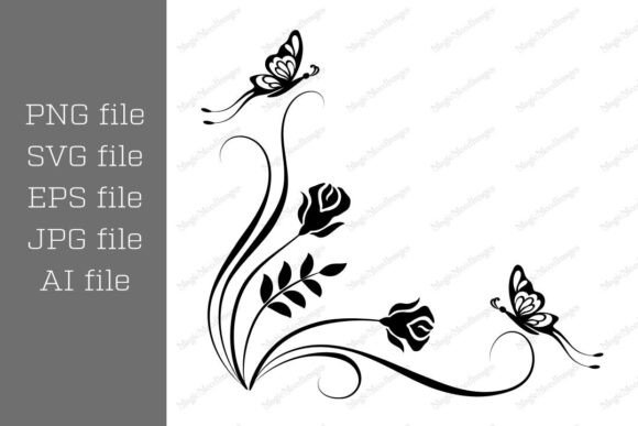 Retro Floral Corner Ornament with Roses, Butterflies & Elegant Borders